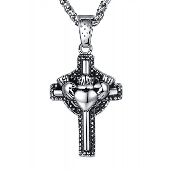 Stainless Steel Friendship Love Heart Claddagh Cross Unisex Pendant Necklace- 24" Link Chain- aap005 - CB1269MISTT