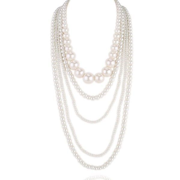 Kalse Multiple layers 5 12 Strand Simulated Pearl White Beads Cluster Long Bib Party Necklace - 5 strand - C812HP4NDWR