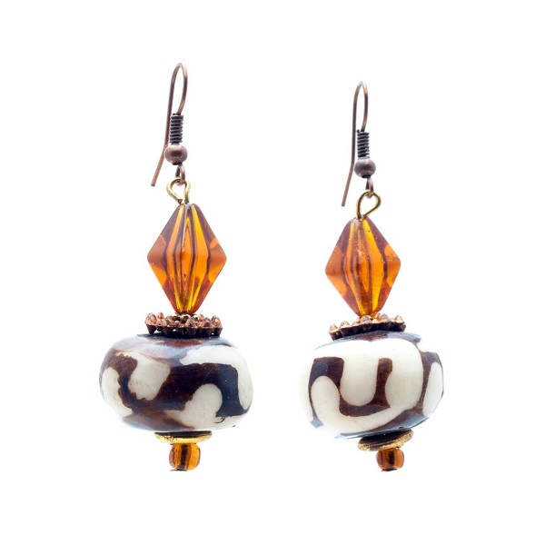 Maisha Beautiful African Fair Trade Up recycled batiked brown-white- and orange glass beaded Earrings - C211DHEVUQ1