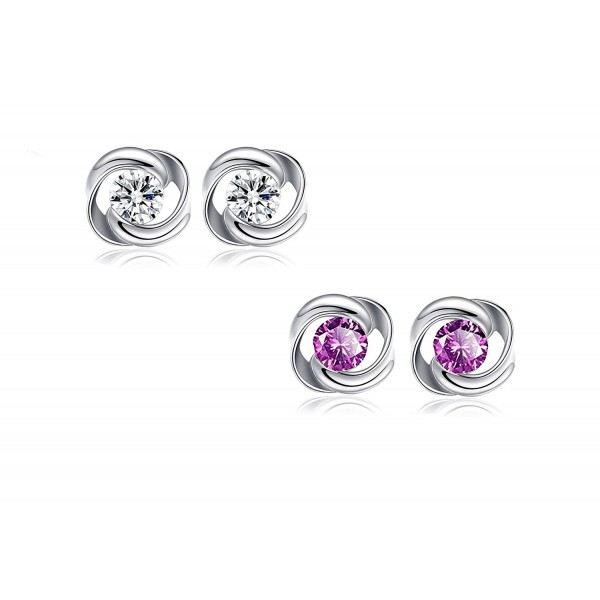 925 Sterling Silver and White Gold Plated Rose Flower Fashion Stud Earrings with Purple Crystal in 2 sets - CN17YZZWUQM