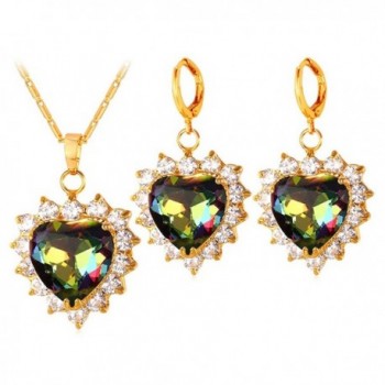 Women Luxury Fashion Wedding Jewelry Set 18K Gold Plated Heart Pendant Necklace& Cubic Zirconia Earrings Set - CW126S0G1OL