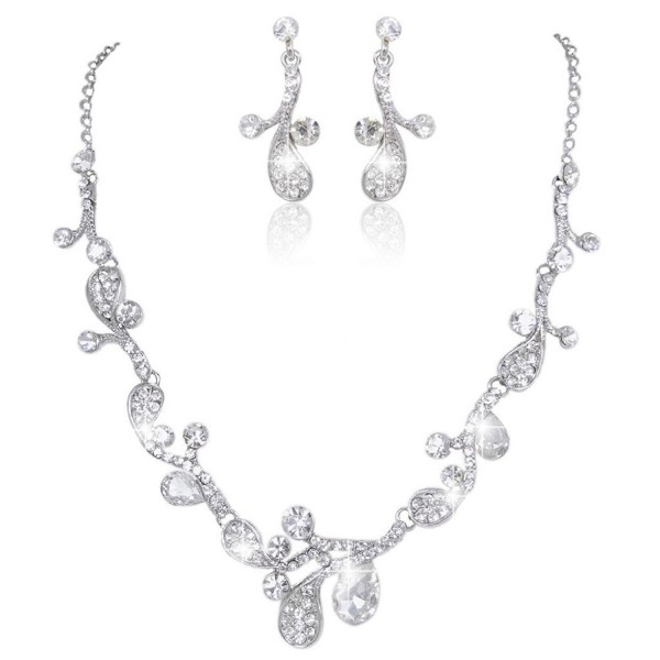 EVER FAITH Bridal Silver-Tone Chunky Flower Leaf Austrian Crystal Clear Necklace Earrings Set - C911GFEYABL