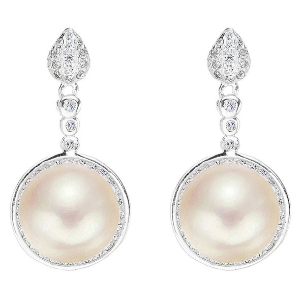 EleQueen 925 Sterling Silver CZ AAA Round Button Cream Freshwater Cultured Pearl Teardrop Bridal Dangle Earrings - CF12DZ9HH69