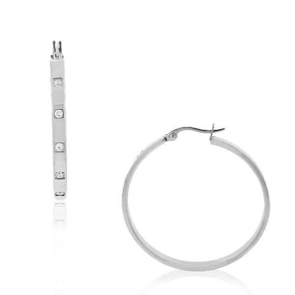 Stainless Steel Silver-Tone White CZ Round Hoop Earrings - CM11CFA5XGP