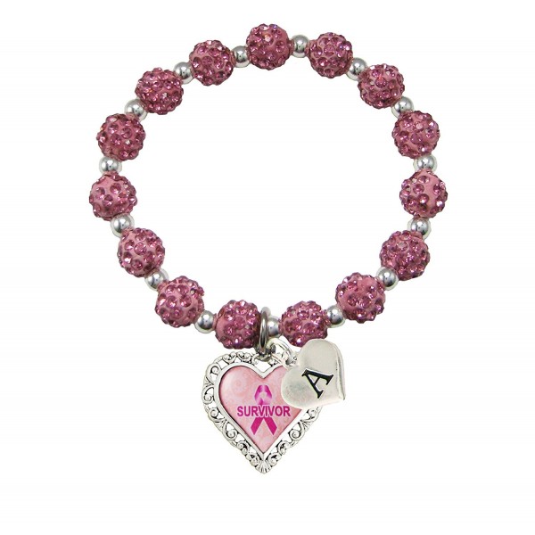 Custom Breast Cancer Awareness Survivor Stretch Jeweled Pink Bracelet Choose Initial - CF12N1M7RC7