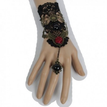 TFJ Women Fashion Jewelry Antique Gold Metal Hand Chain Wrist Bracelet Red Flower Slave Ring Black Lace Steampunk - CQ12CPHJFVR
