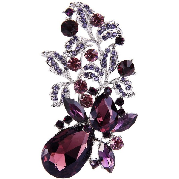 EVER FAITH Silver-Tone Purple Austrian Crystal Flower Leaf Teardrop Brooch - CG12FZ12T13