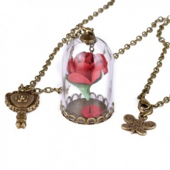 Womens Girls Beauty and the Beast Rose in Glass Dome Enchanted Rose Necklace Jewelry Belle Cosplay - Red - C417YZSWQEU