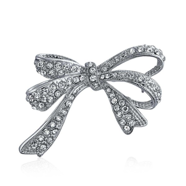 Bling Jewelry Tone Clear CZ Pave Ribbon Bow Brooch Pin Silver Plated - C511FXOY87B