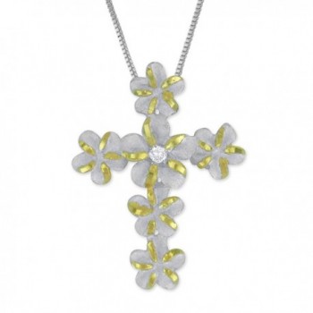 Sterling Silver with 14kt Yellow Gold Plated Accents Plumeria Cross Pendant Necklace- 16+2" Extender - C5113ZN8O8B