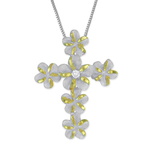 Sterling Silver with 14kt Yellow Gold Plated Accents Plumeria Cross Pendant Necklace- 16+2" Extender - C5113ZN8O8B