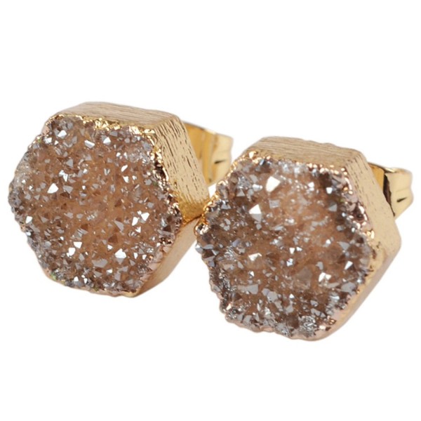 JAB 1 Pair Gold Plated Hexagon Natural Agate Titanium Druzy Post Stud Earrings for Women G0907 - champagne - C212M2G2W5R