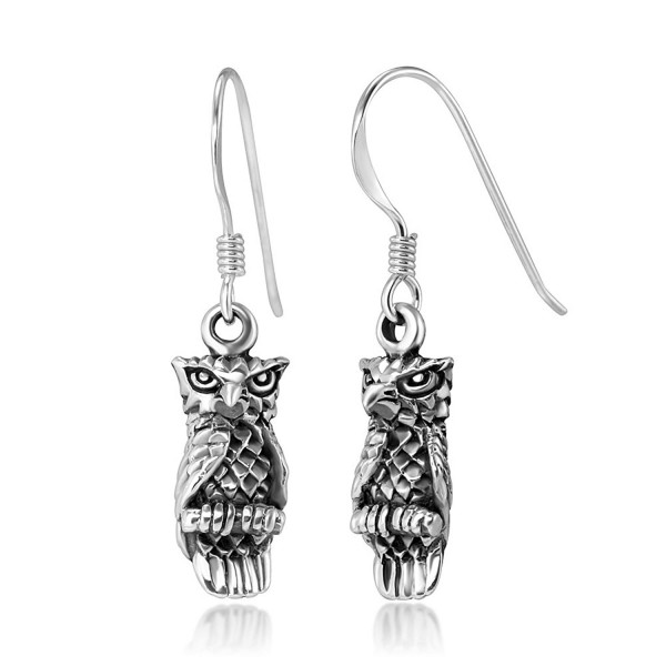 925 Stelring Silver Detailed Vintage Owl Dangle Hook Earrings for Women 1.2" - CO1234YG649