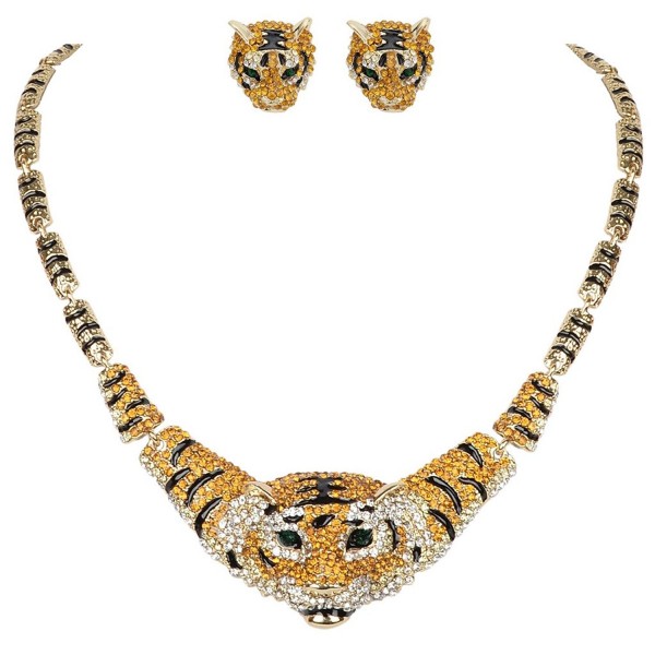 EVER FAITH Gold-Tone Austrian Crystal Black Enamel Big Tiger Head Necklace Stud Earrings Set Brown - CQ129UGIT7R