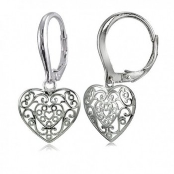 Sterling Silver High Polished Filigree Heart Dangle Leverback Earrings - C8182WKN0XR