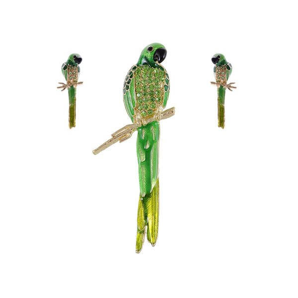 Alilang Painted Crystal Rhinestone Perch Parrot Pin Brooch Earring Set - Green - CI12B18WIYR