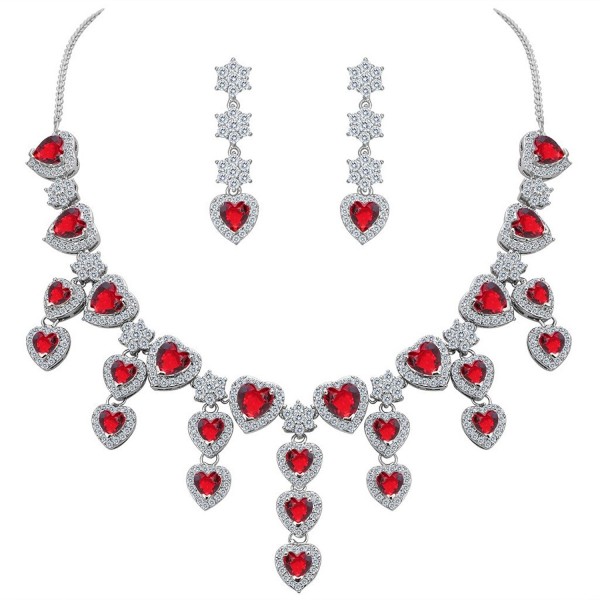 BriLove Women's Gorgeous Bridal CZ Heart Shape Cluster Flower Statement Necklace Dangle Earrings Set - Ruby Color - CV17YA3DO5A