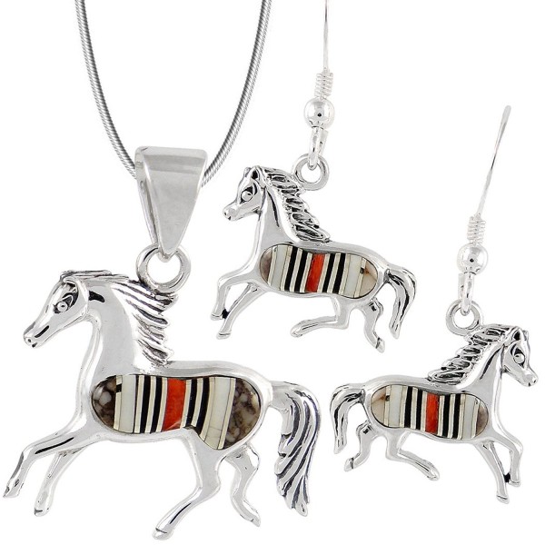 Horse Set in Sterling Silver & Genuine Turquoise & Gemstones (Pendant- Earrings- & Necklace 18") - Multi-45 - CT183NG3MOR