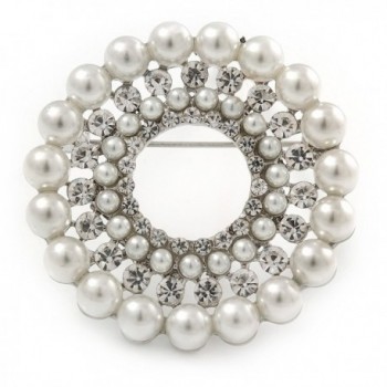 Clear Crystal- White Faux Glass Pearl Wreath Brooch In Silver Tone Metal - 40mm D - CN1856YAAG3