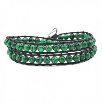 Handmade Faux Leather Double Wrap Around Bead Bracelet Adjustable 6mm Green Malachite Round Stone - CI1859GYCC3