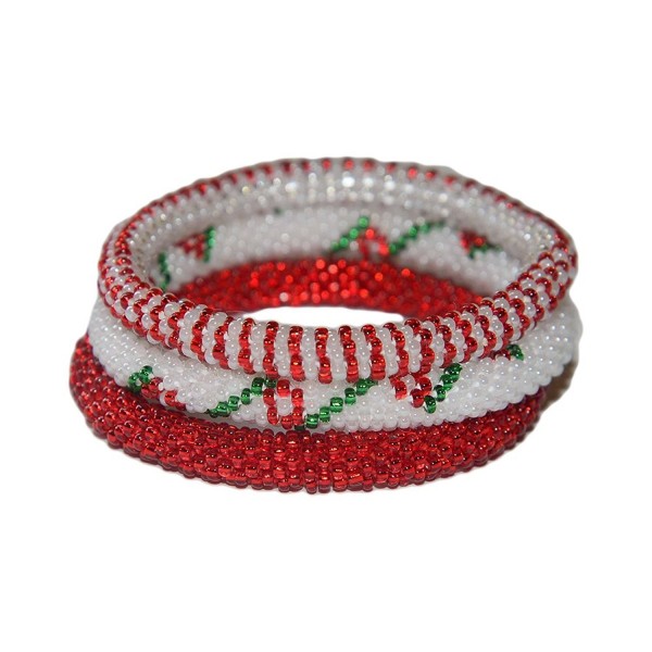 Red-Green-White Beaded Bracelets Set-seed Beads-nepal-roll on-flower - CR1207526FL