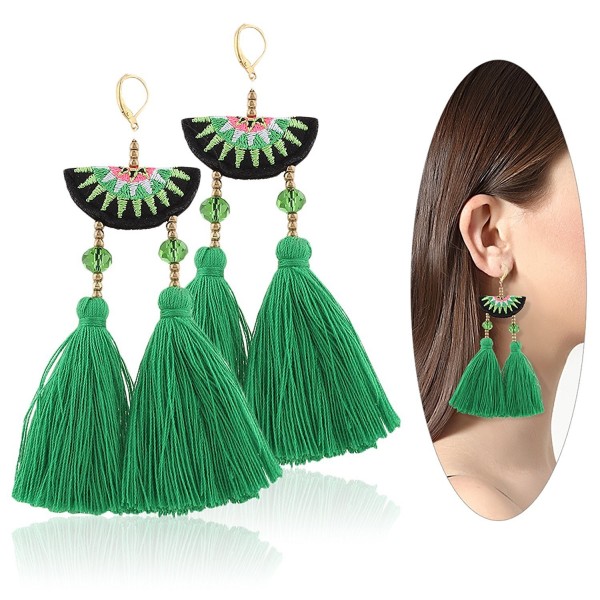 Eternity J. Women Ethnic Bohemian Embroidery Long Wool Tassel Drop Dangle Earrings Eardrop - Green - CC182XQ966E