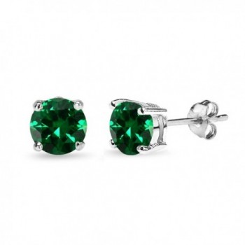 Sterling Silver Simulated Emerald Round-Cut Solitaire Stud Earrings- All Sizes - 7mm - Silver - C412M0U8BW3