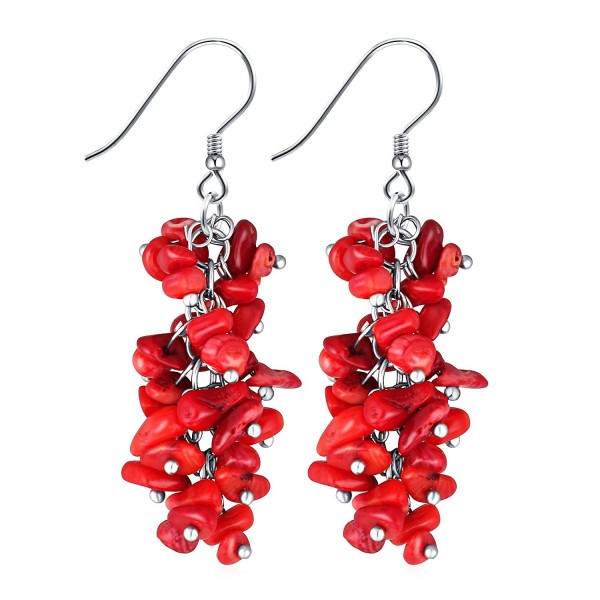 Cuicanstar Multicolour/Red Stone Cluster Reconstructed Coral Sterling Silver Hook Dangle Drop Earrings - Red - CE17YQG3U9R