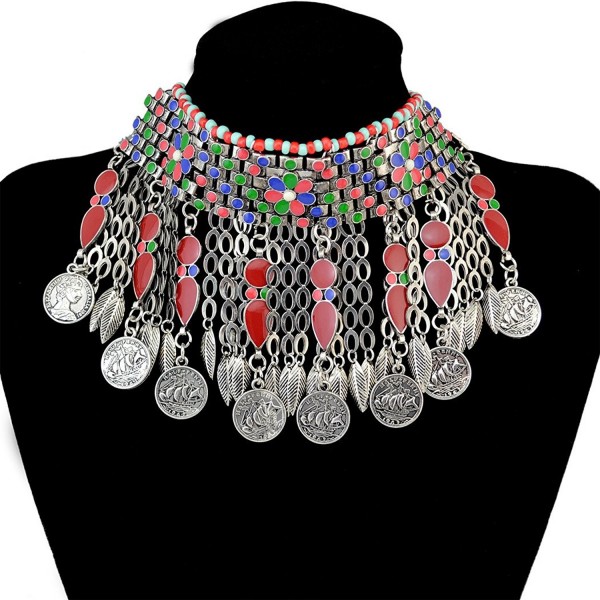 Bohemian Jewelry Retro Silver Plated Collar Bib Choker Coins Tassels Pendants Necklace for Women - Red - CH12O9Q5UVN