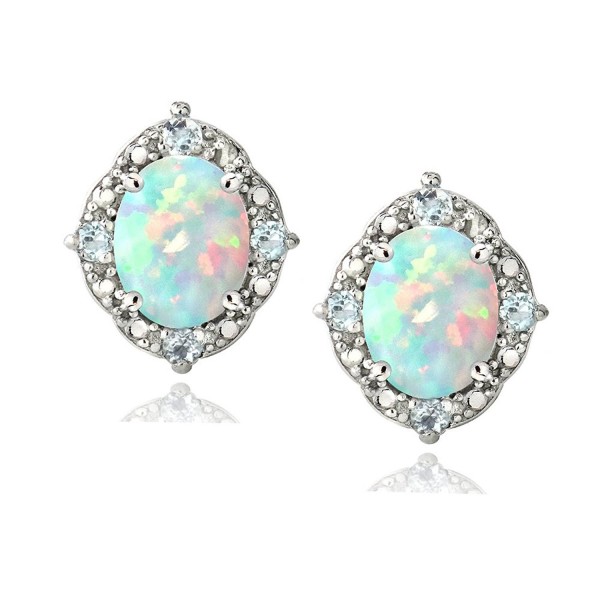 Sterling Silver Created White Opal & Light Blue Topaz Oval Stud Earrings - CQ12F0K5UP1