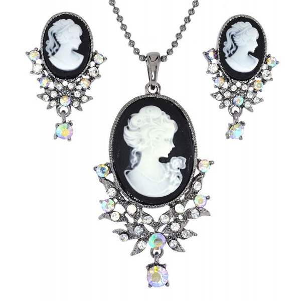 Almost Matching Lady Profile Cameo Simulated Rhinestone Necklace and Clip-On Earing Set - Colorr Colorclear Color - CL11X6WOKN9