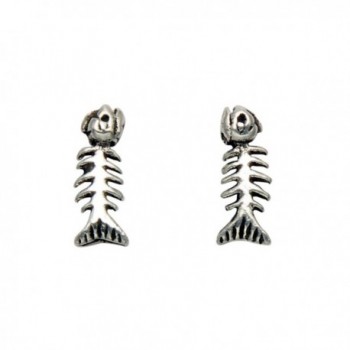 Tiny Sterling Silver Fish Skeleton Stud Earrings - CN11DP1ZV7Z