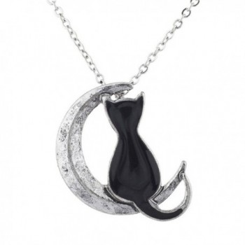 Lux Accessories Burnished Silver Tone Black Cat Crescent Moon Pendant Necklace - CD183WWOLCC