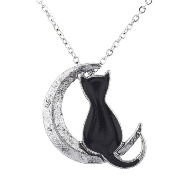 Burnished Silver Tone Black Cat Crescent Moon Pendant Necklace ...