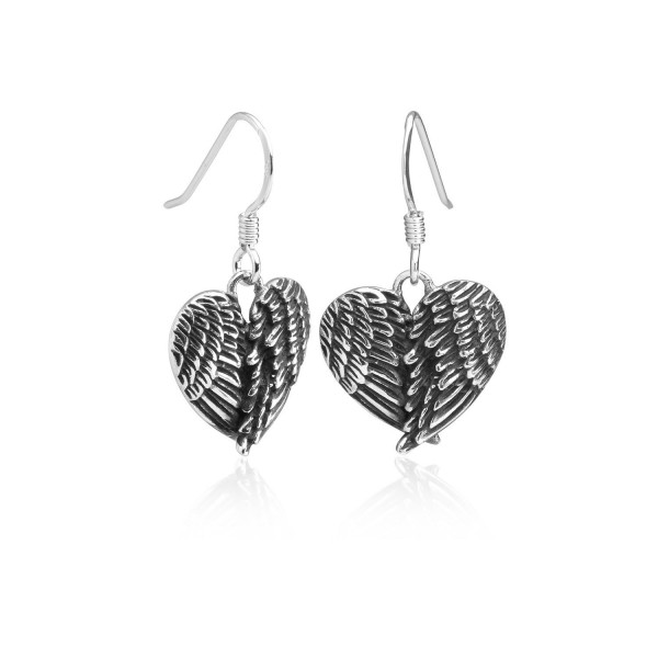 925 Sterling Silver Angel Wings Heart Feathers Dangle Earrings 1" - Nickel Free - CD11QTR5IBV