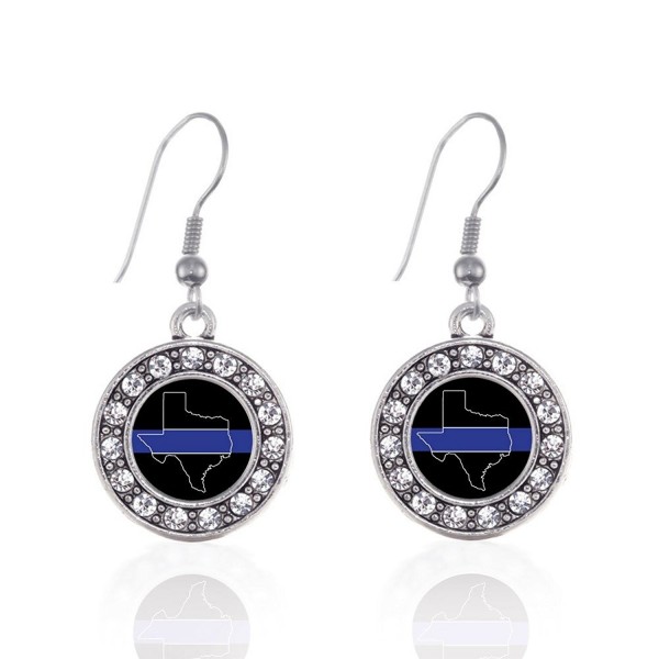 Inspired Silver Texas Thin Blue Line Circle Charm French Hook Earrings - CN12J71MW9V