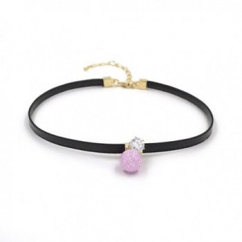 Natural Stone and Diamond Charm Black Leather Alice Choker Necklace12.5 Inch - Pink - C012HKKOSMF