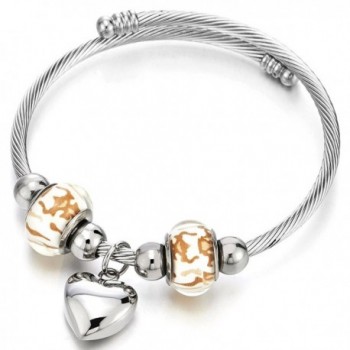 Heart and Murano Glass Charms Cuff Bracelet- Elastic Adjustable Stainless Steel Twisted Cable Bangle - CE17YDT8542