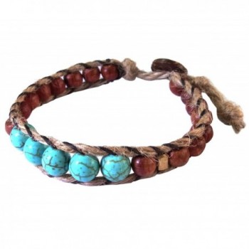 Thai Asian Fashion Handmade Bracelet Hemp String Brass Wood Beads Turquoise Brown Gold Wristband - CU182ATXZ2E