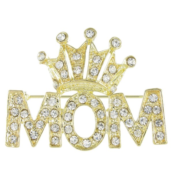 Mother's Day Crowned Mom Rhinestone Crystal Word Brooch Pin - Clear and Gold - CY12FHC36AR