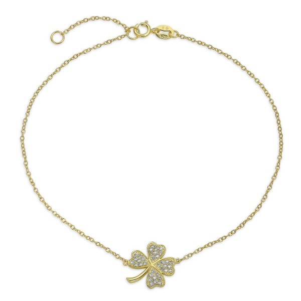 Bling Jewelry Gold Plated 925 Silver CZ Clover Shamrock Ankle Bracelet 9in - CL12NTOOUZ4