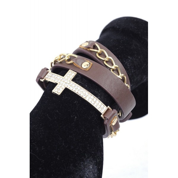 Rhinestone Cross Charm Chain Faux Leather Wrap Bracelet - Brown/Gold-Tone - CG11FPBL47J