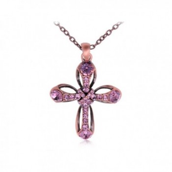 Alilang Womens Copper Tone Pink Purple Rhinestones Antique Ribbon Cross Pendant Necklace - CI114V73GH9