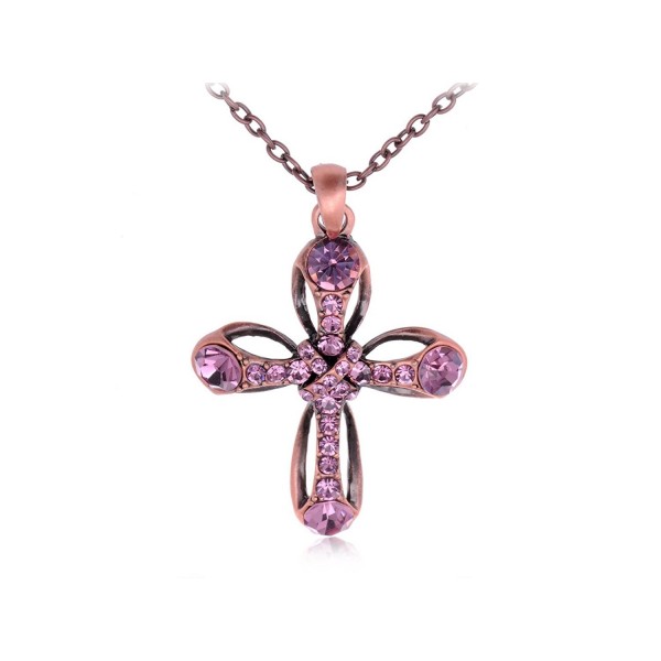 Alilang Womens Copper Tone Pink Purple Rhinestones Antique Ribbon Cross Pendant Necklace - CI114V73GH9