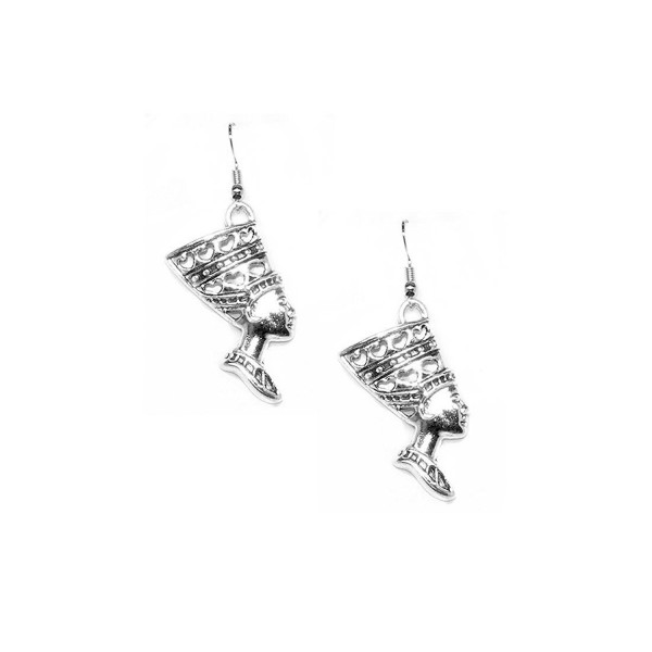 Antiqued Silver Nefertiti Egyptian Drop Earrings - C712E8UCZMF