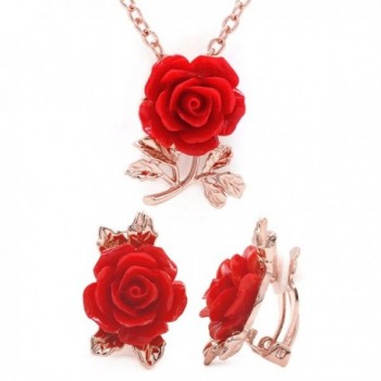 Red Flower Jewelry Set Rose Gold Plated Pendant Necklace Matching Clip on Earrings - C012N9MIB6S