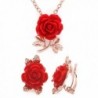 Red Flower Jewelry Set Rose Gold Plated Pendant Necklace Matching Clip on Earrings - C012N9MIB6S