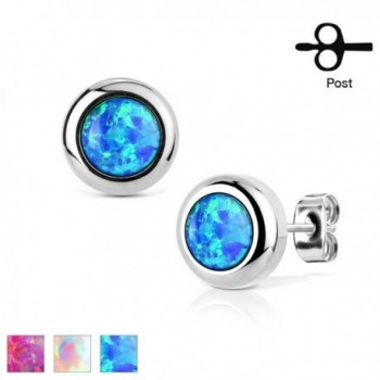 Pair of 316L Surgical Stainless Steel Stud Earrings with Bezeled Synthetic Opal - CX17YXSWI0E