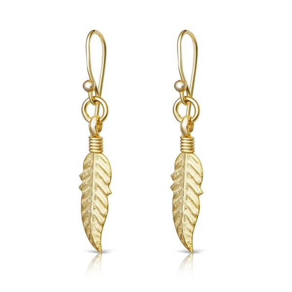 14K Yellow Gold Plated Sterling Silver Feather Design Drop Dangle Earrings - C0184ADGL63