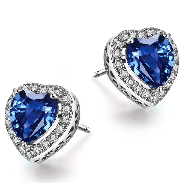 Caperci Sterling Silver Created Blue Sapphire Heart Stud Earrings for Women - CU12MA8UW1F